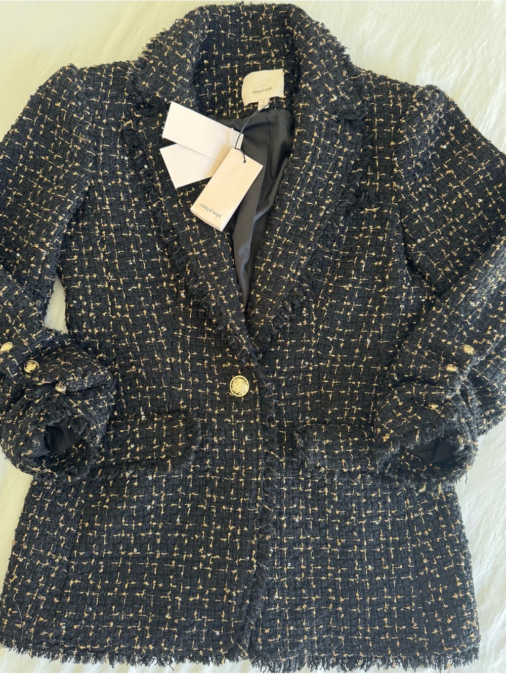NWT Cinq a Sept Black Tweed Blazer with Gold Thread 0